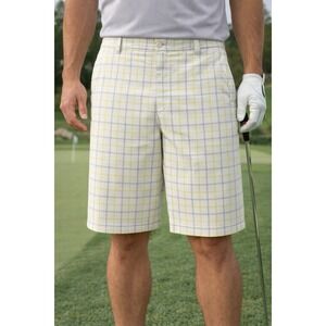 Nike Tour Performance Golf Mens Plaid Shorts White Gray Yellow 12.5" Size 34